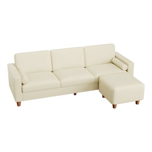 Canapé 3 Places En Simili Luxueux Avec Pouf Mobile,cadre En Bois,imperméable,234x155x88cm,beige