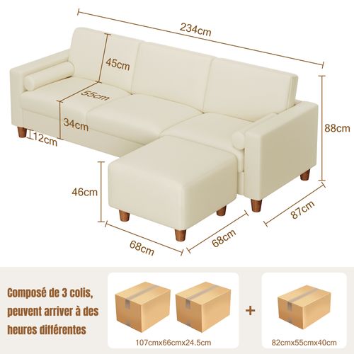 Canapé 3 Places En Simili Luxueux Avec Pouf Mobile,cadre En Bois,imperméable,234x155x88cm,beige