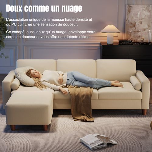 Canapé 3 Places En Simili Luxueux Avec Pouf Mobile,cadre En Bois,imperméable,234x155x88cm,beige