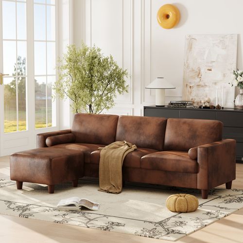 Canapé 3 Places En Simili Luxueux Avec Pouf Mobile,cadre En Bois,imperméable,234x155x88cm,marron