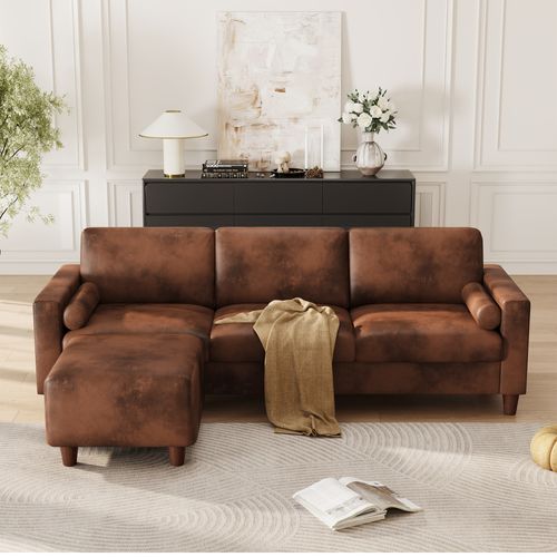 Canapé 3 Places En Simili Luxueux Avec Pouf Mobile,cadre En Bois,imperméable,234x155x88cm,marron