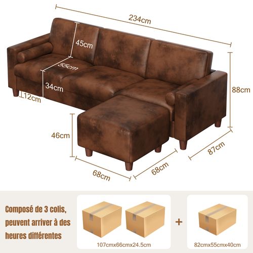 Canapé 3 Places En Simili Luxueux Avec Pouf Mobile,cadre En Bois,imperméable,234x155x88cm,marron