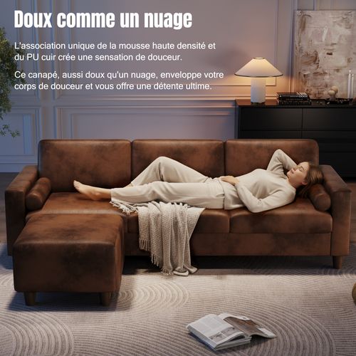 Canapé 3 Places En Simili Luxueux Avec Pouf Mobile,cadre En Bois,imperméable,234x155x88cm,marron