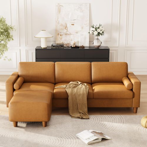 Canapé 3 Places En Simili Luxueux Avec Pouf Mobile,cadre En Bois,imperméable,234x155x88cm,orange