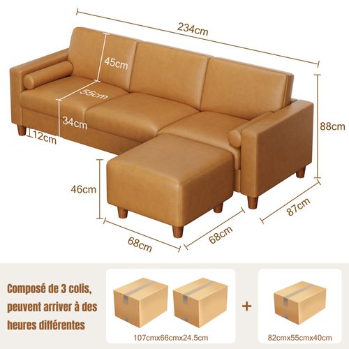 Canapé 3 Places En Simili Luxueux Avec Pouf Mobile,cadre En Bois,imperméable,234x155x88cm,orange