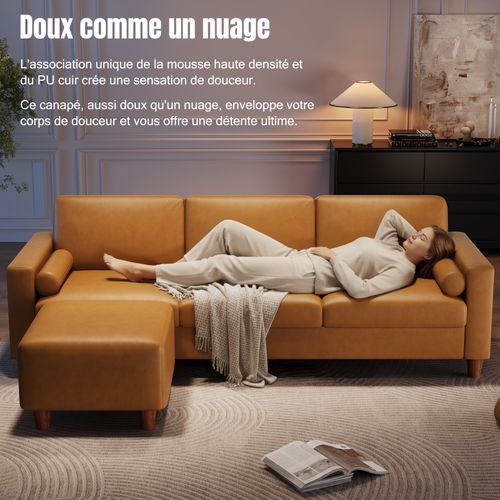 Canapé 3 Places En Simili Luxueux Avec Pouf Mobile,cadre En Bois,imperméable,234x155x88cm,orange