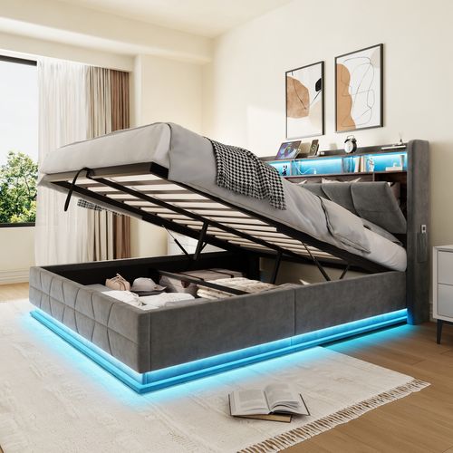 Lit Double Lit Coffre 140x190cm LED-usb Rangement Tête Lit Velours Relevage Hydraulique Gris Foncé