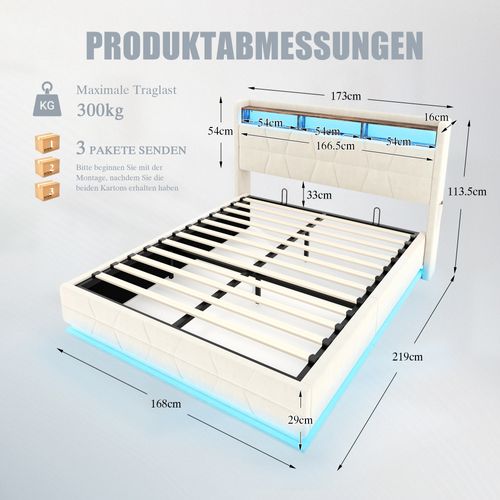 Lit Double Lit Coffre 160x200cm LED-usb Rangement Tête Lit Velours Relevage Hydraulique Beige