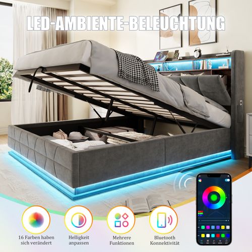 Lit Double Lit Coffre 160x200cm LED-usb Rangement Tête Lit Velours Relevage Hydraulique Gris Foncé