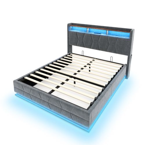Lit Double Lit Coffre 160x200cm LED-usb Rangement Tête Lit Velours Relevage Hydraulique Gris Foncé