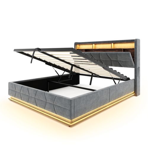 Lit Double Lit Coffre 160x200cm LED-usb Rangement Tête Lit Velours Relevage Hydraulique Gris Foncé