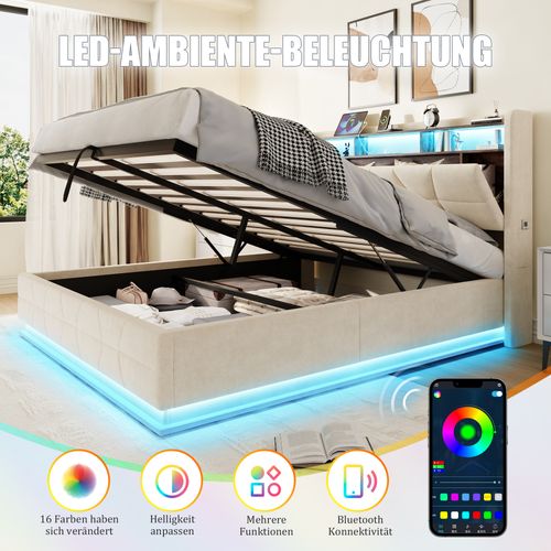 Lit Double Lit Coffre 140x190cm LED-usb Rangement Tête Lit Velours Relevage Hydraulique Beige