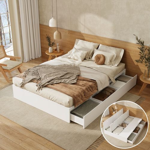 Lit Adulte 140x200cm 2 Personnes 3 Tiroirs 6 Compartiments Rangement Sous Lit Multifonctionnel Blanc