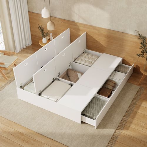Lit Adulte 140x200cm 2 Personnes 3 Tiroirs 6 Compartiments Rangement Sous Lit Multifonctionnel Blanc