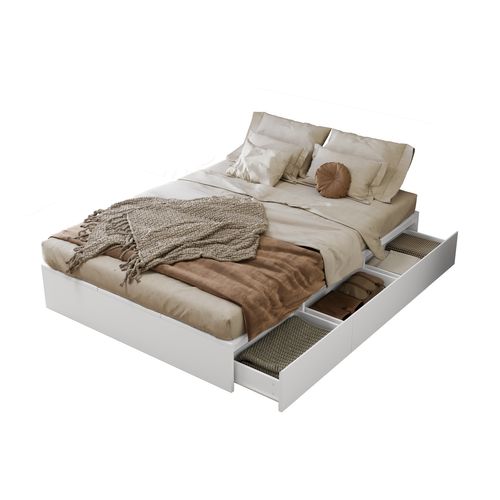 Lit Adulte 140x200cm 2 Personnes 3 Tiroirs 6 Compartiments Rangement Sous Lit Multifonctionnel Blanc