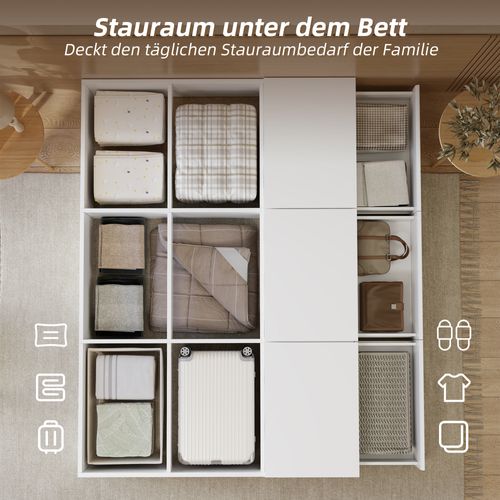 Lit Adulte 140x200cm 2 Personnes 3 Tiroirs 6 Compartiments Rangement Sous Lit Multifonctionnel Blanc