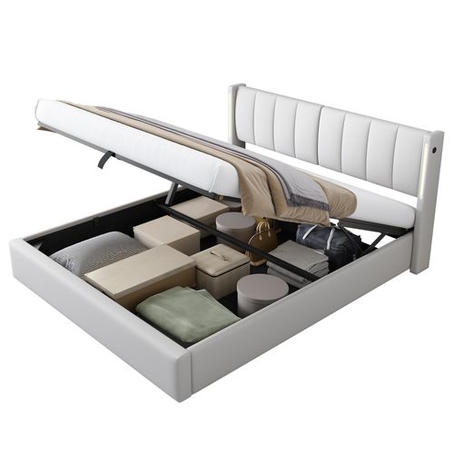 Lit Adulte 2 Pers 160x200cm LED-usb Lit Coffre Rangement Tête De Lit Réglable Relevage Cuir Pu Blanc