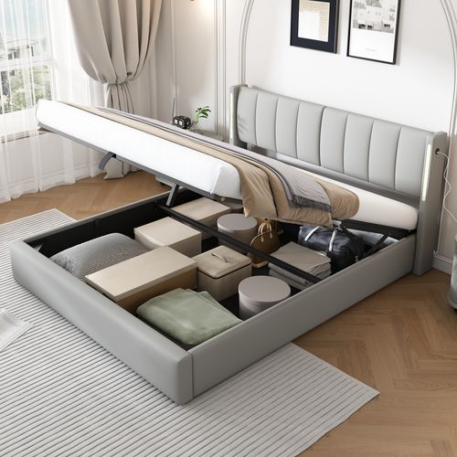 Lit Adulte 2 Pers 160x200cm LED-usb Lit Coffre Rangement Tête De Lit Réglable Relevage Cuir Pu Gris