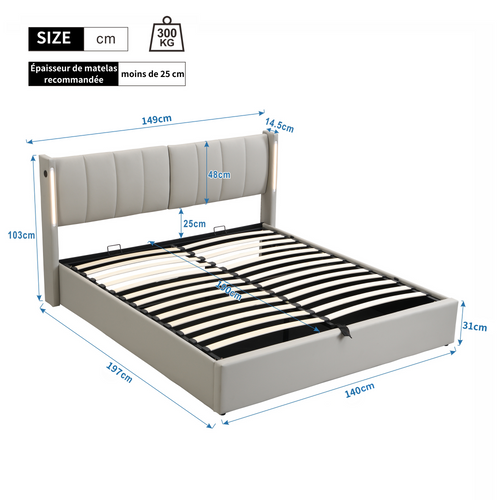Lit Adulte 2 Pers 140x190cm LED-usb Lit Coffre Rangement Tête De Lit Réglable Relevage Cuir Pu Gris