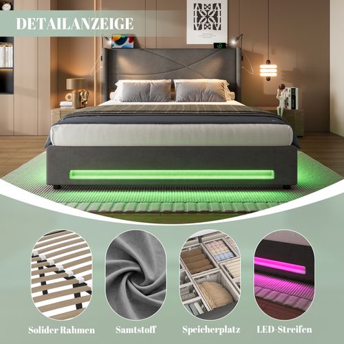 Lit Coffre 140x200cm 2 Lampes LED-usb Tête De Lit Relevage Hydraulique Rangement Sous Lit Gris