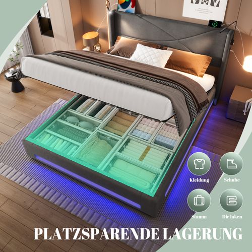 Lit Coffre 140x200cm 2 Lampes LED-usb Tête De Lit Relevage Hydraulique Rangement Sous Lit Gris