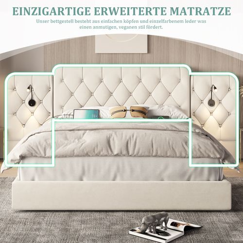 Lit Double 160x200cm 2 Lampes LED-usb Grande Tête De Lit Cuir Pu-lit D'adulte Velours Beige