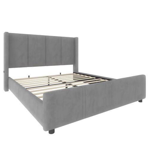 Lit Double Rembourré 140x190 Cm Lit Adulte Velours Sommier à Lattes USB Tête De Lit Haute Gris