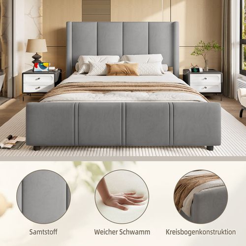 Lit Double Rembourré 140x190 Cm Lit Adulte Velours Sommier à Lattes USB Tête De Lit Haute Gris