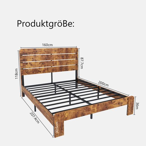 Lit Double 160x200 Cm Cadre De Lit Fer Tête De Lit Haute Style Industriel Rangement Sous Lit Marron