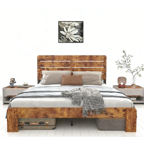 Lit Double 160x200 Cm Cadre De Lit Fer Tête De Lit Haute Style Industriel Rangement Sous Lit Marron