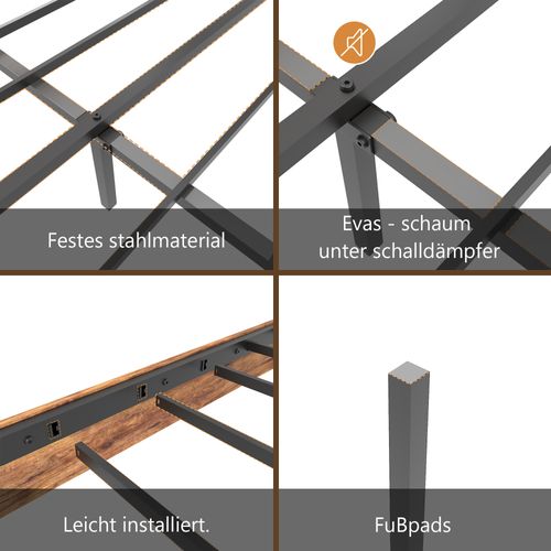 Lit Double 160x200 Cm Cadre De Lit Fer Tête De Lit Haute Style Industriel Rangement Sous Lit Marron