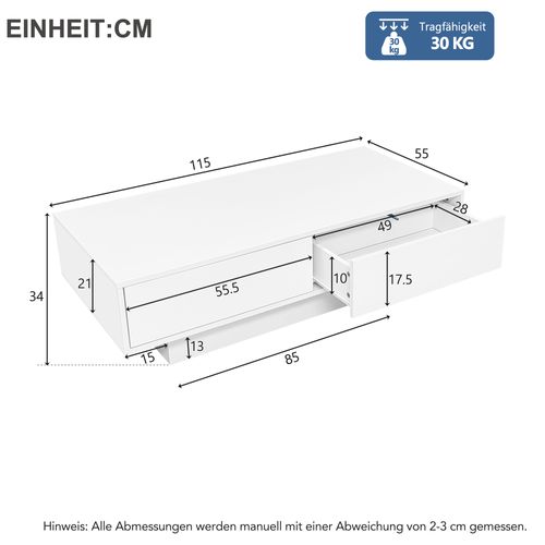 Table Basse Salon LED 2 Tiroirs 110x55x34cm Table D'appoint Canapé Moderne Blanc Brillant