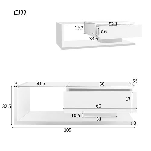 Table Basse Moderne LED 1 Tiroir Blanc Brillant En Verre 105cm Compartiment Rangement