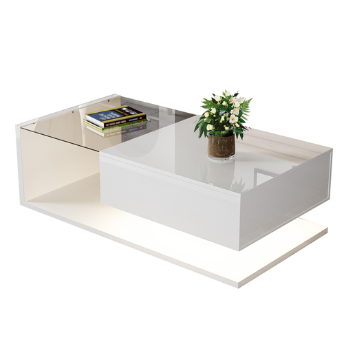 Table Basse Moderne LED 1 Tiroir Blanc Brillant En Verre 105cm Compartiment Rangement