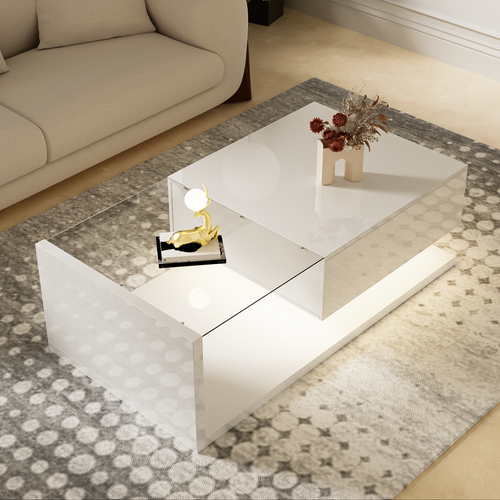 Table Basse Moderne LED 1 Tiroir Blanc Brillant En Verre 105cm Compartiment Rangement