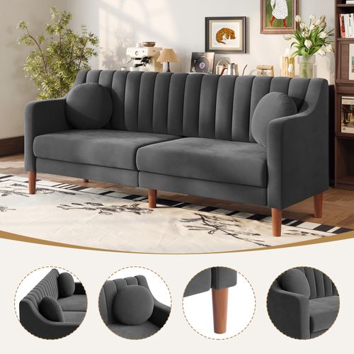 Canapé 3 Places Moderne,velours, pieds En Bois Massif,206l X 74l X 83h Cm - Gris