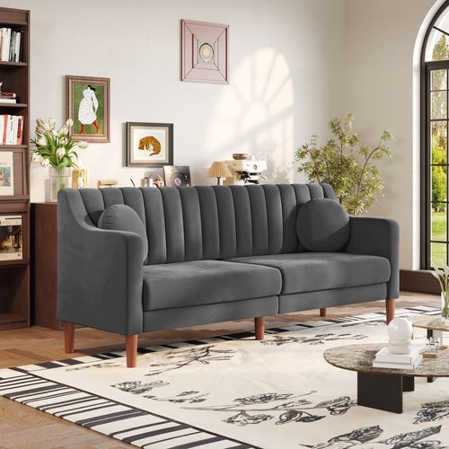 Canapé 3 Places Moderne,velours, pieds En Bois Massif,206l X 74l X 83h Cm - Gris