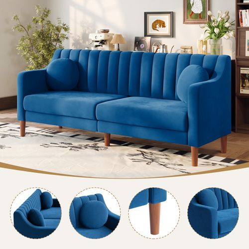 Canapé 3 Places Moderne,velours, pieds En Bois Massif,206l X 74l X 83h Cm - Bleu