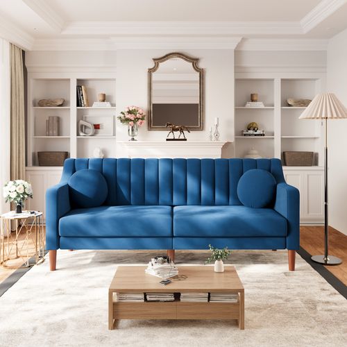 Canapé 3 Places Moderne,velours, pieds En Bois Massif,206l X 74l X 83h Cm - Bleu