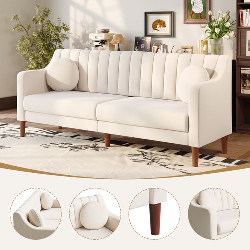 Canapé 3 Places Moderne, Velours ,pieds En Bois Massif,206l X 74l X 83h Cm - Beige