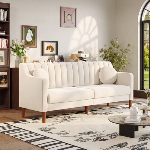 Canapé 3 Places Moderne, Velours ,pieds En Bois Massif,206l X 74l X 83h Cm - Beige