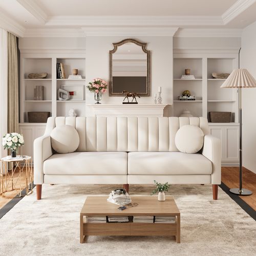 Canapé 3 Places Moderne, Velours ,pieds En Bois Massif,206l X 74l X 83h Cm - Beige