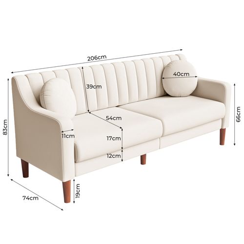 Canapé 3 Places Moderne, Velours ,pieds En Bois Massif,206l X 74l X 83h Cm - Beige