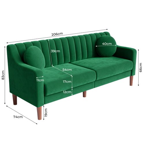 Canapé 3 Places Moderne, Velours pieds En Bois Massif,206l X 74l X 83h Cm - Vert
