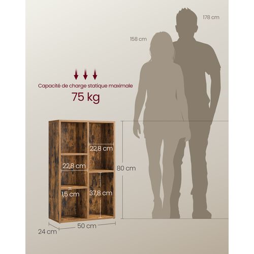 Bibliothèque, Étagère à 5 Niveaux, 50 X 24 X 80 Cm, Marron Rustique