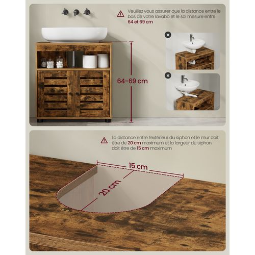 Meuble Sous Vasque, 60 X 30 X 64 Cm, Avec 2 Portes Persiennes, Brun Rustique