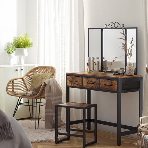 Coiffeuse Avec Tabouret, Miroir Triple, 3 Tiroirs, Cadre En Acier, Style Industriel