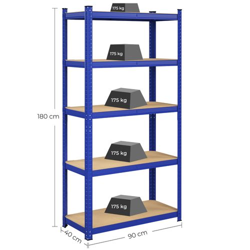 Étagère à 5 Niveaux,180 X 90 X 40 Cm,charge Totale 875 Kg Planches Réglables,bleu