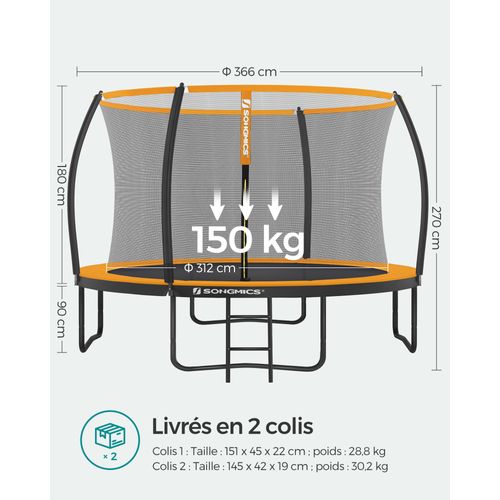 Trampoline Ø 366 Cm, Échelle, Filet De Protection, Noir, Orange