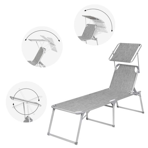 Chaise Longue, Charge 150 Kg, Avec Dossier Et Parasol Inclinables, Pliable, Pour Jardin, Gris Chiné